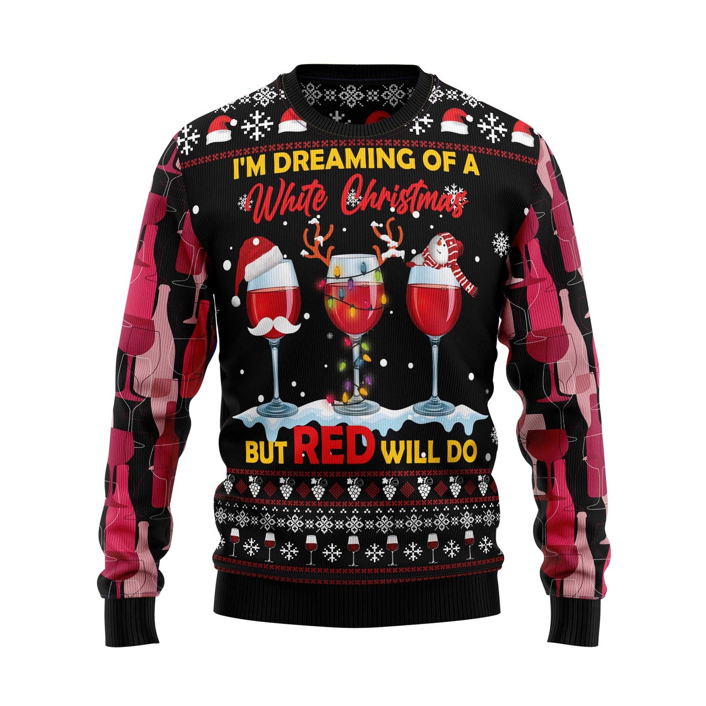 Unisex Vintage Wine Red Print Crew Neck Ugly Christmas Sweatshirt