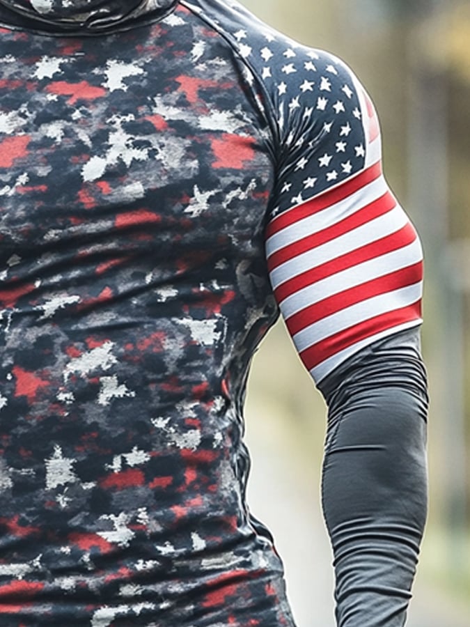 Men's Outdoor Sun Protection Breathable Cool Mask American Flag Print Hooded Sun Protection Long Sleeve Top