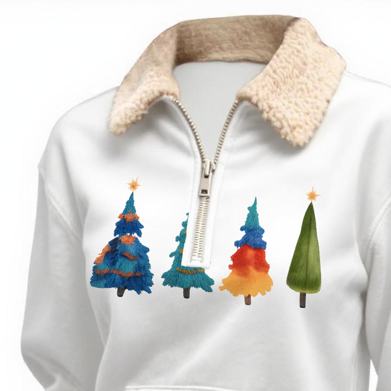 Women's Vintage Merry Christmas Tree Print Pocket Quarter-Zip Fleece Lapel Ugly Christmas Sweatshirt