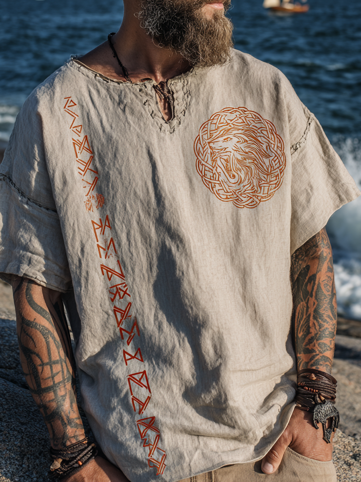 Men's Viking Mythology Fenrir Retro Coastal T-Shirt