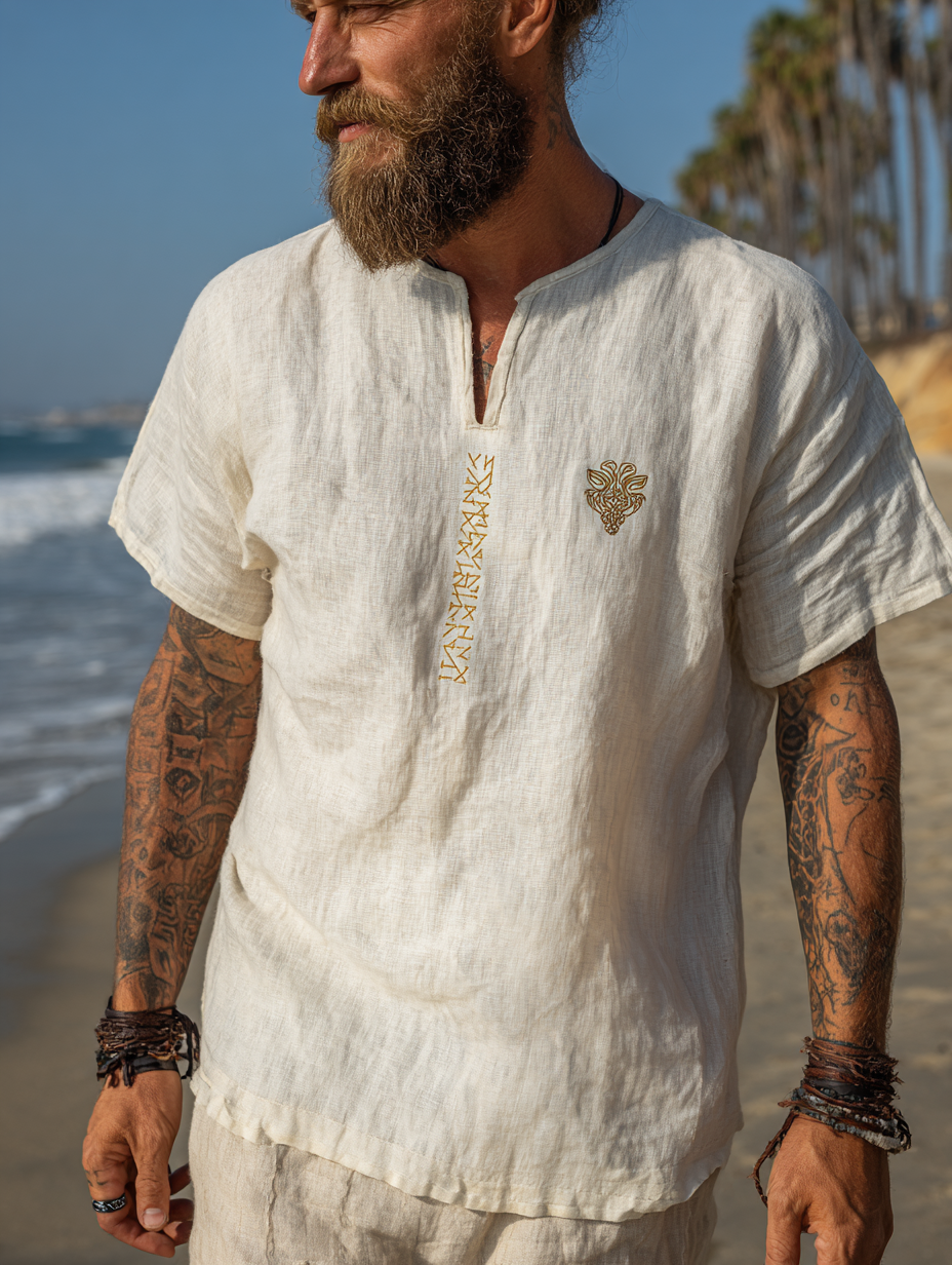 Men's Vintage Viking Distressed Runes Design Linen Shirt