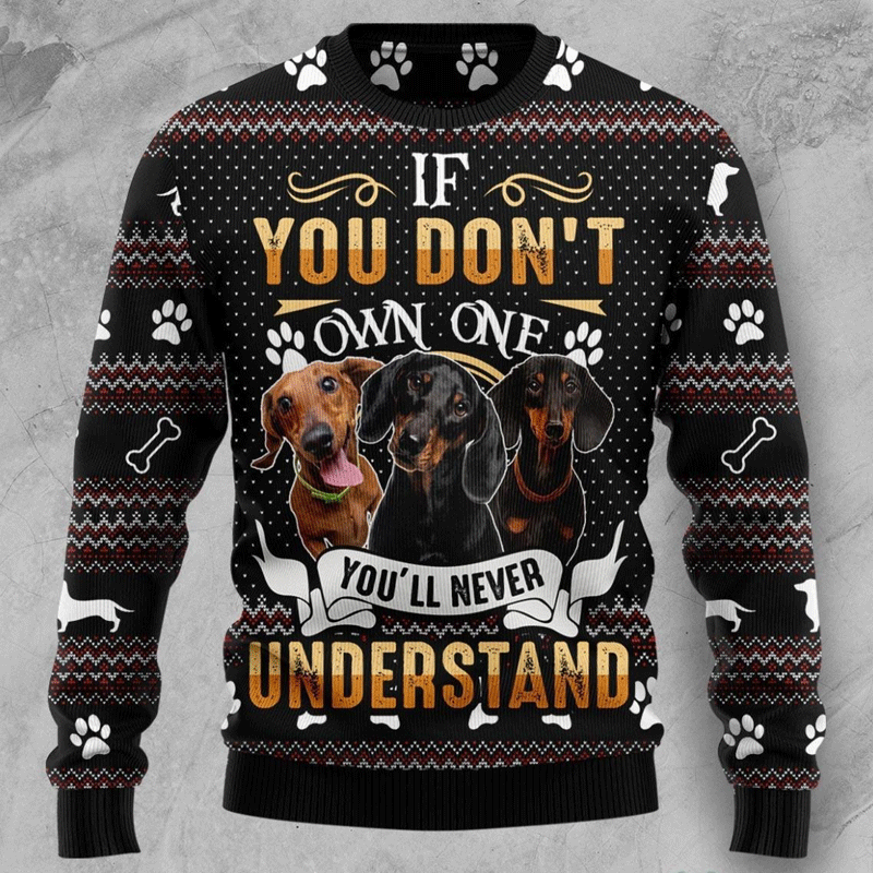 Unisex 3D Dachshund Through The Snow Christmas Funny Black Ugly Sweatshirt
