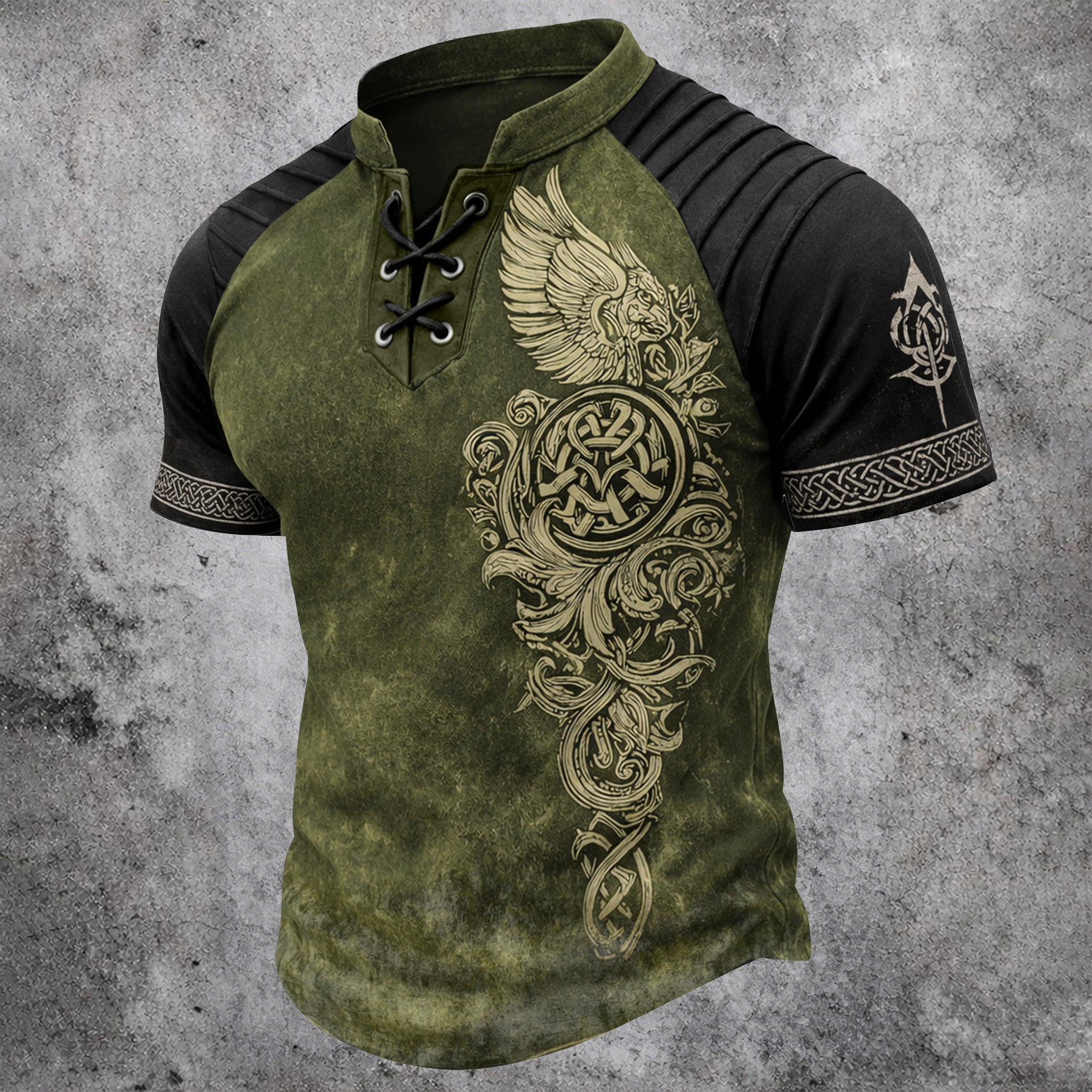 Men's Viking Graphic Laced Henley Short Sleeve Shirt - Olive Black Pleated Raglan Top