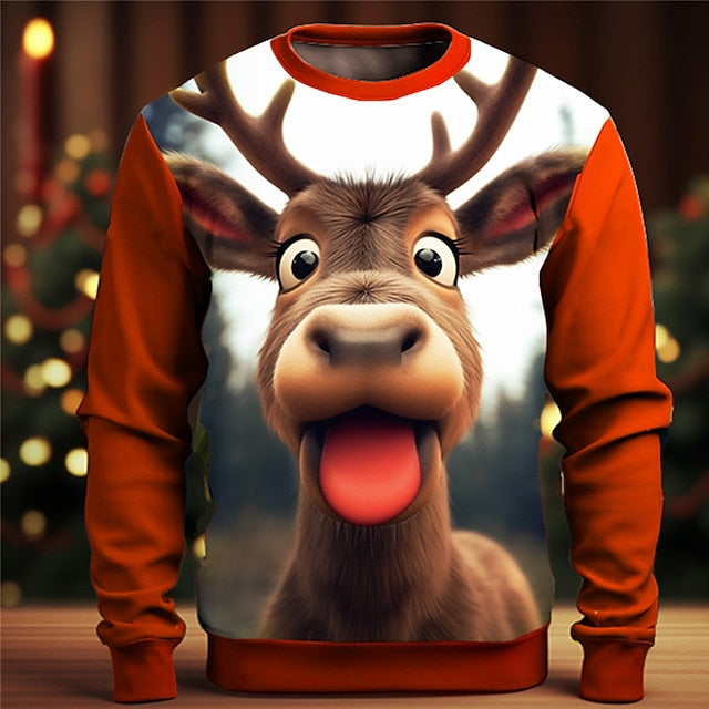 Men's Elk Deer 3D Print Christmas Cartoon Crew Neck Long Sleeve Sweatshirts