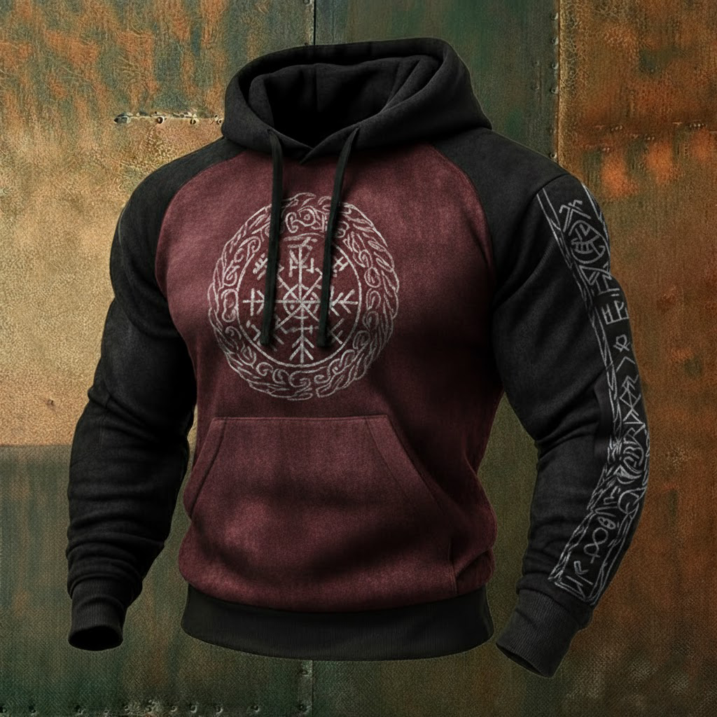 Nordic Viking Style Retro Vegvísir Tree Of Life Casual Long-Sleeve Hoodie
