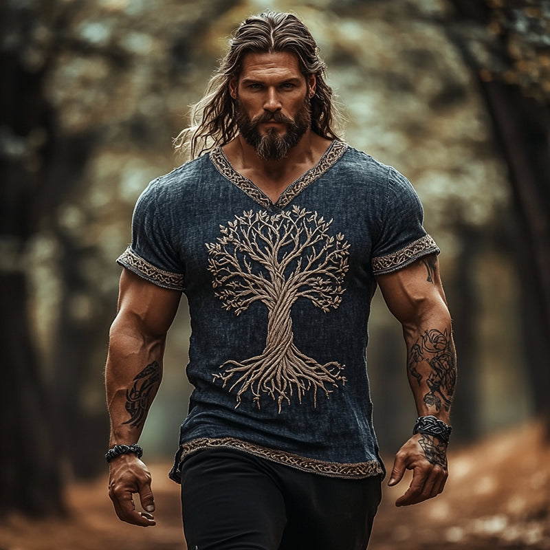 Men's Viking Tree Of Life Inspired Retro V-Neck T-Shirt
