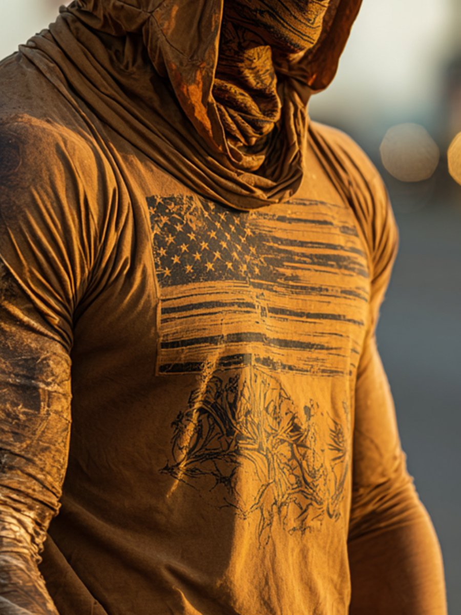 Men's Retro Flag Outdoor Sun Protection Breathable Cooling Mask Hooded Sun Protection Long Sleeve Top