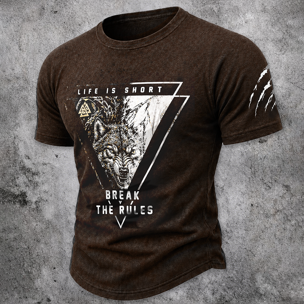 Men's Wolf & Slogan Graphic T-Shirt - Distressed Dark Brown Short Sleeve Crew Neck