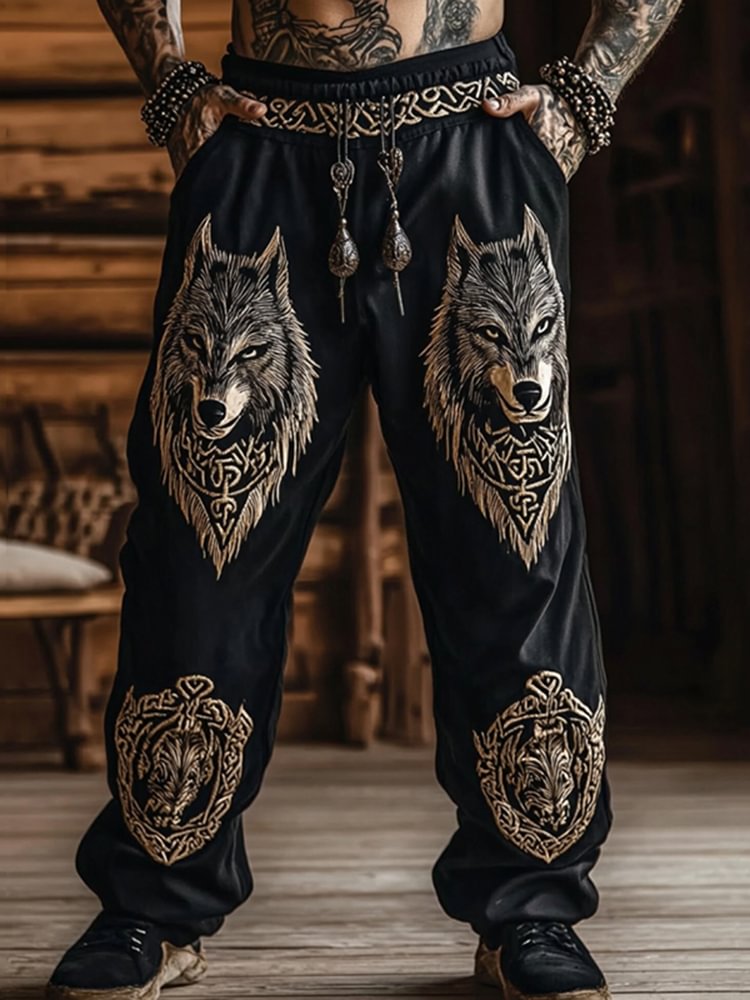 Men's Vintage Wolf Viking Celtic Skull Art Pants