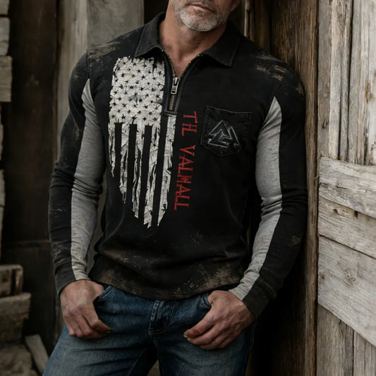 Vintage-washed printed Viking battle axe with American spirit half-zip pocket sweatshirt