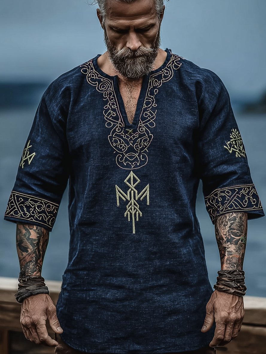Men's Viking Occult Style Vintage Golden Rune Long-Sleeve Linen T-shirt