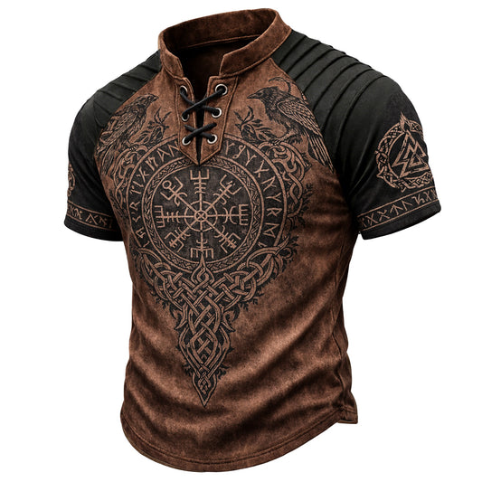 Men's Viking Graphic Lace-Up Henley Short Sleeve Shirt