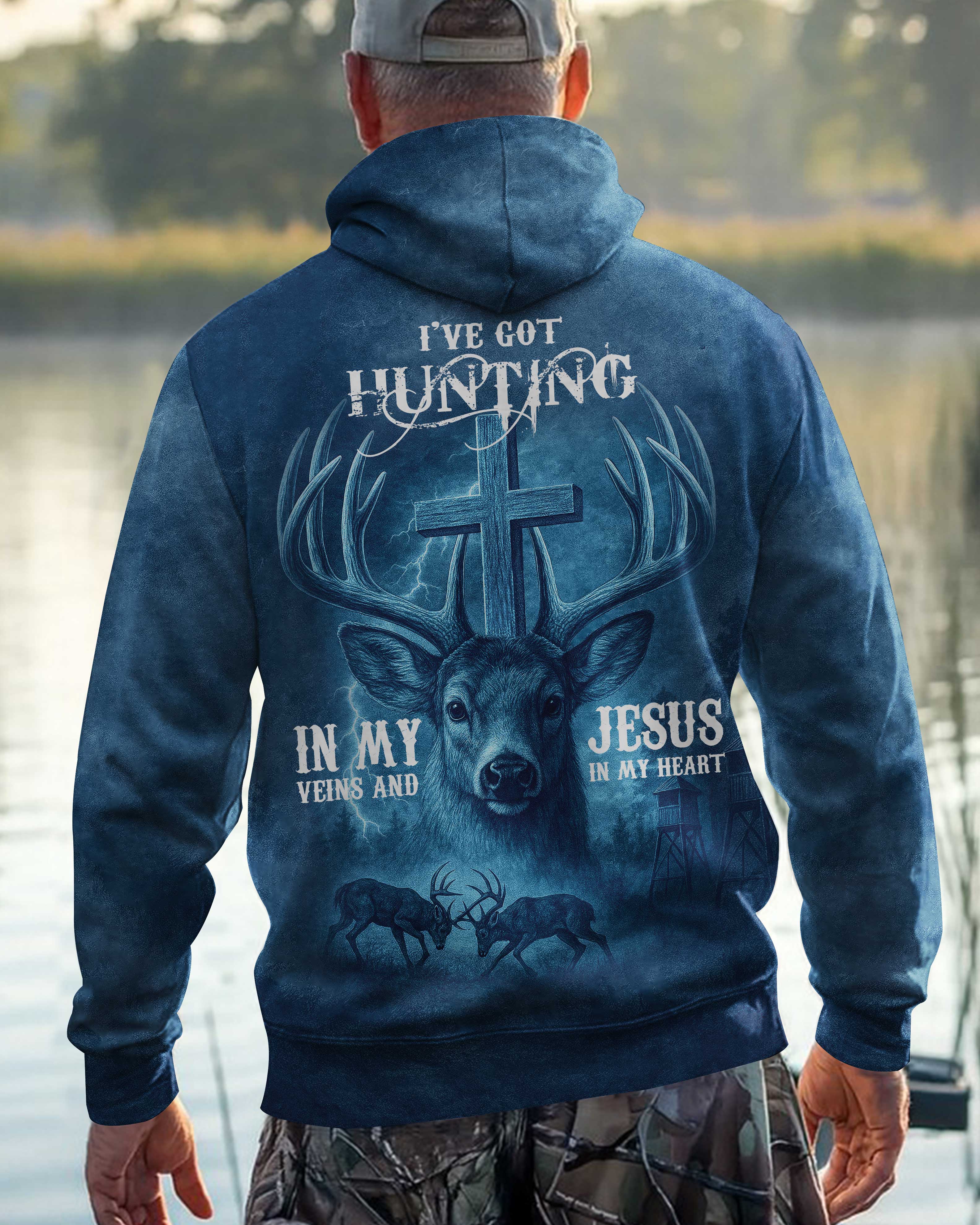 I've Got Hunting In My Veins And Jesus In My Heart Blue T-Shirt