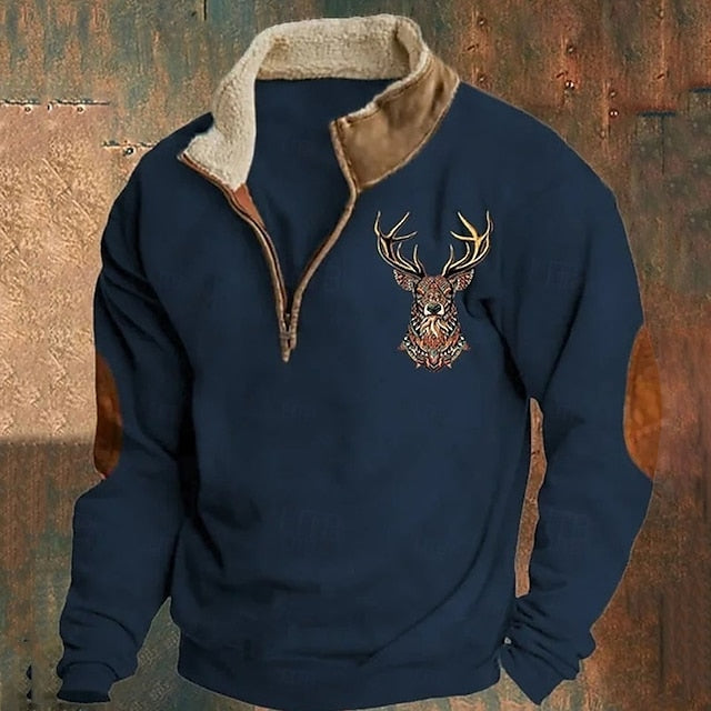 Men's Sweatshirt Quarter Zip Sweatshirt Black Navy Blue Brown Gray Half Zip Reindeer Print Christmas Daily Holiday Streetwear Casual Thin fleece Fall & Winter Clothing Apparel Hoodies Sweatshirts