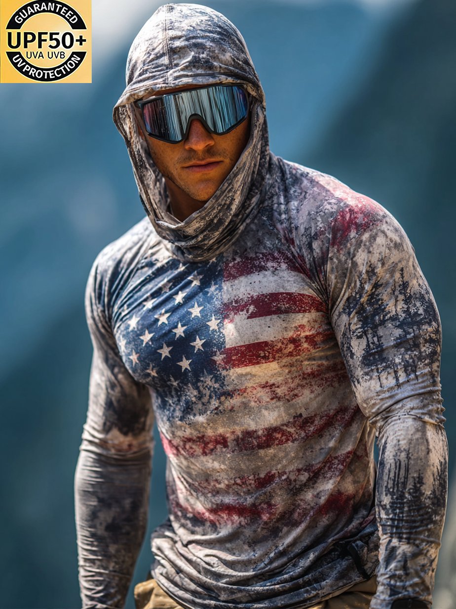 Men's Full Face Hood Sun Shield American Flag Grunge Camo Shirt