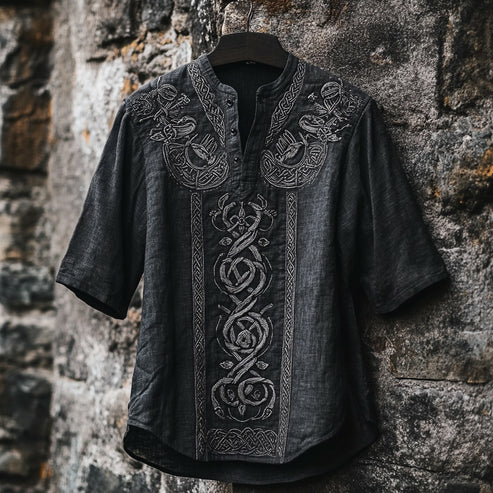 Men's Celtic Knot Dark Grey Half Sleeve Shirt - Vintage Ethnic Stand Collar Top