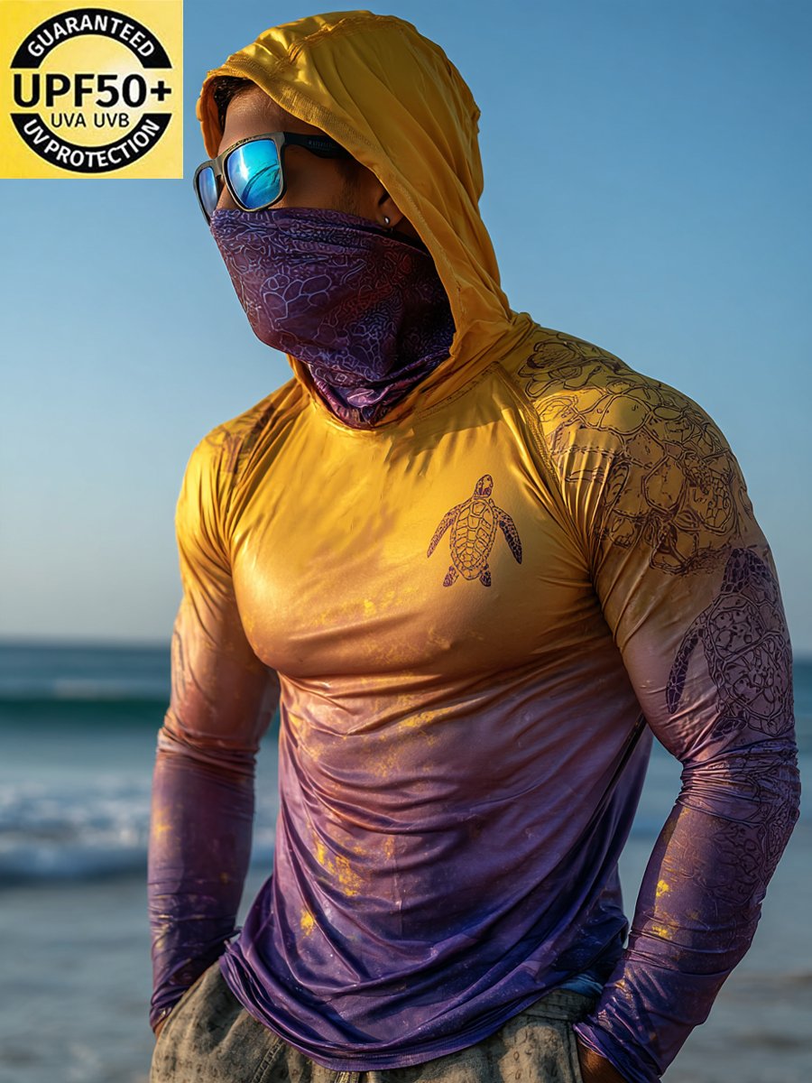 Men's Outdoor Sun Protection Breathable Cool Face Mask Hooded Printed Long-Sleeved Top