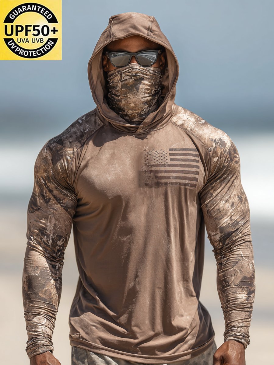 Men's Outdoor Sun Protection Breathable Cool Face Mask Hooded Printed Long-Sleeved Top