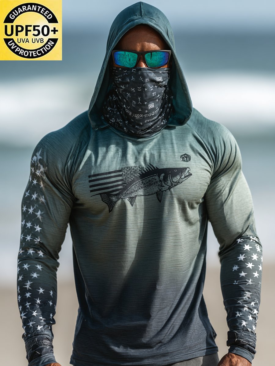 Men's Outdoor Sun Protection Breathable Cool Face Mask Hooded Printed Long-Sleeved Top