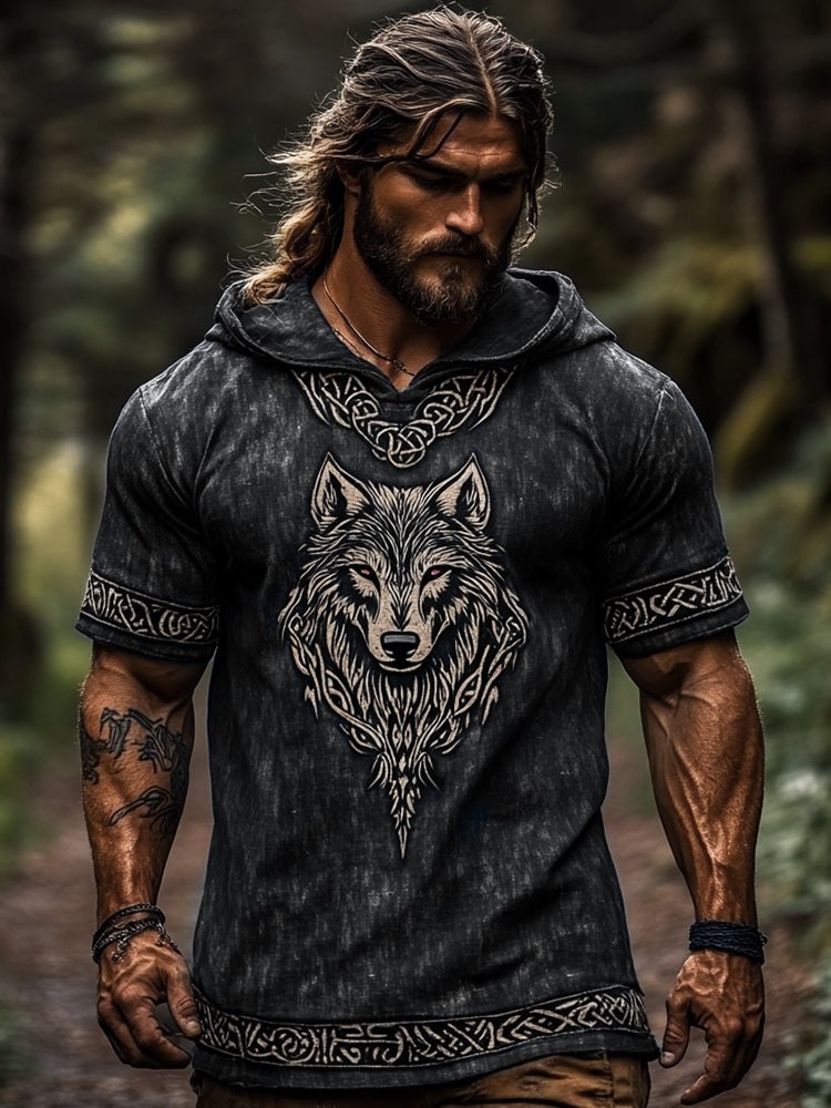 Men's Viking Tribal Celtic Knot Art Wolf Pattern Vintage Print Short Sleeve Hoodie