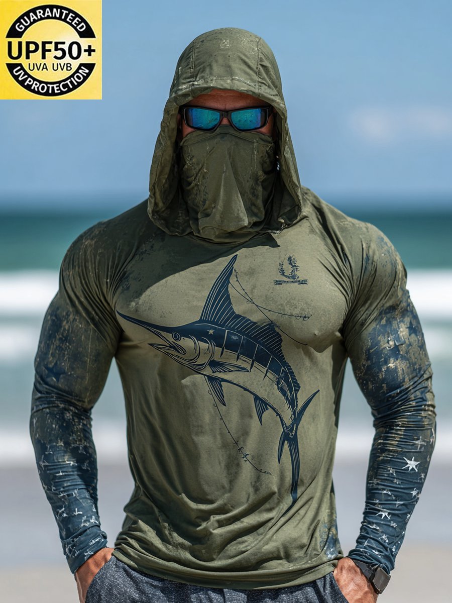 Men's Outdoor Sun Protection Breathable Cool Face Mask Hooded Printed Long-Sleeved Top