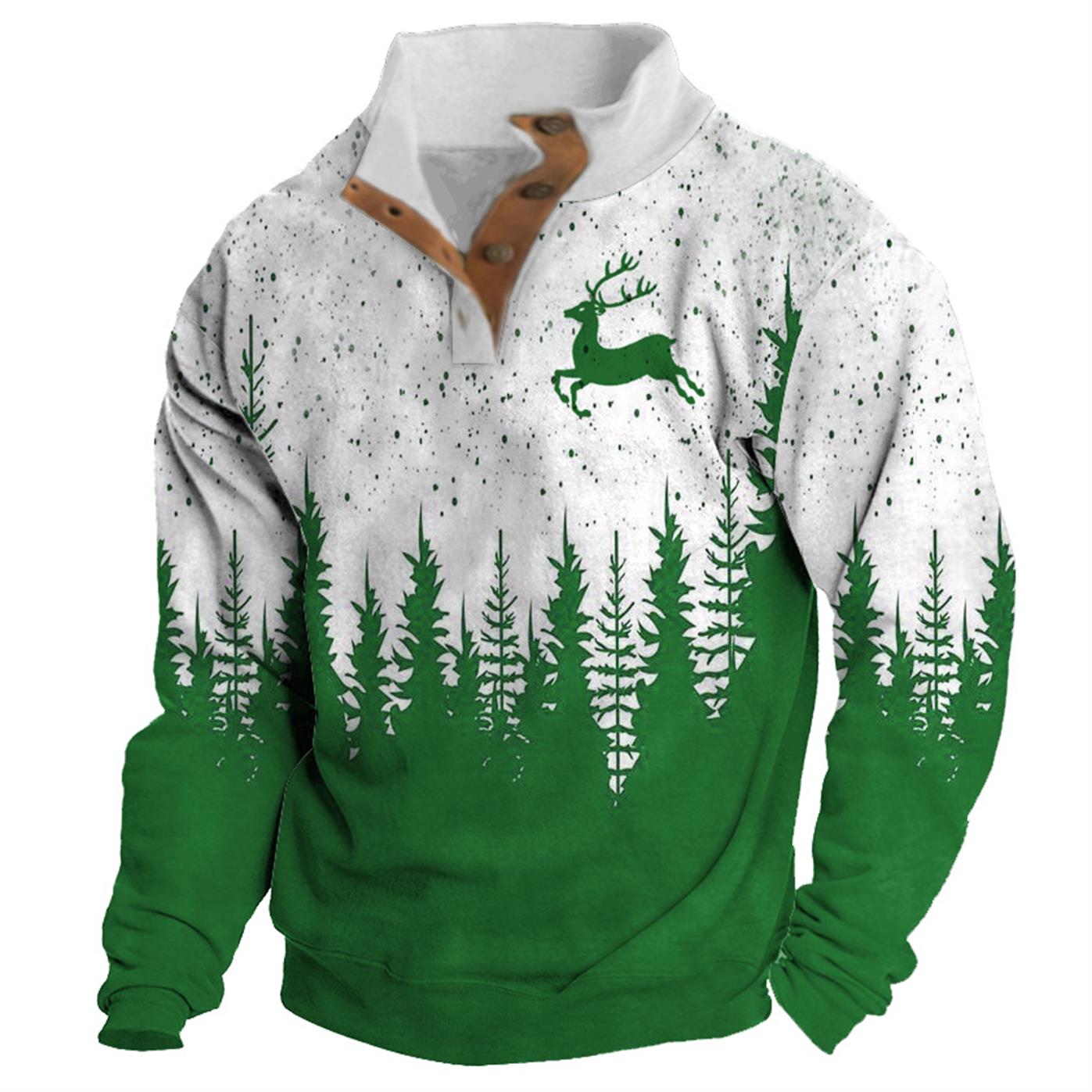Men's Sweatshirt Christmas Tree Reindeer Stand Collar Buttons Daily Tops Red