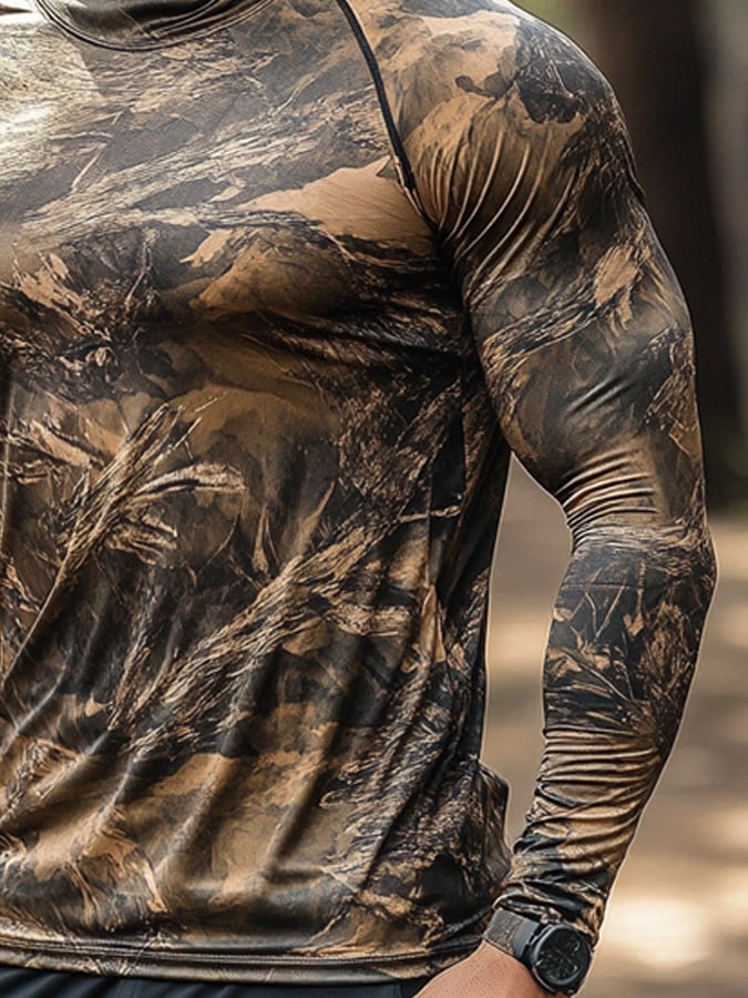 Men's Outdoor Sun Protection Breathable Cool Hunting Camouflage Mask Hooded Sun Protection Long-Sleeved Top