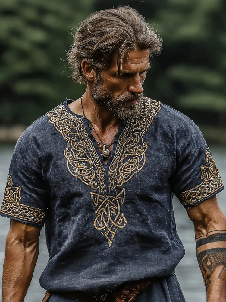 Men's Viking Tribal Celtic Knot Tree Of Life Gods Vintage Linen T-shirt