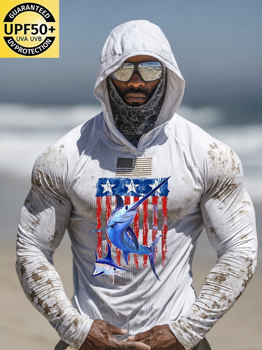Men's Outdoor Sunscreen Breathable Cool Hooded Printed Long-Sleeved Top