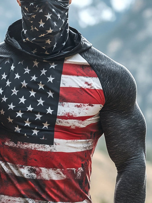 Men's Outdoor Sun Protection Breathable Cool Mask American Flag Print Hooded Sun Protection Long Sleeve Top