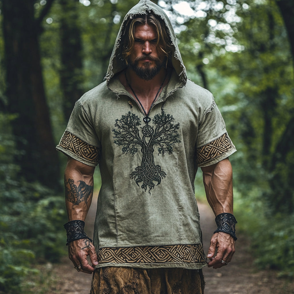 Men's Print Tree Of Life Tribal Jacquard Inspired Short Sleeve Hoodie