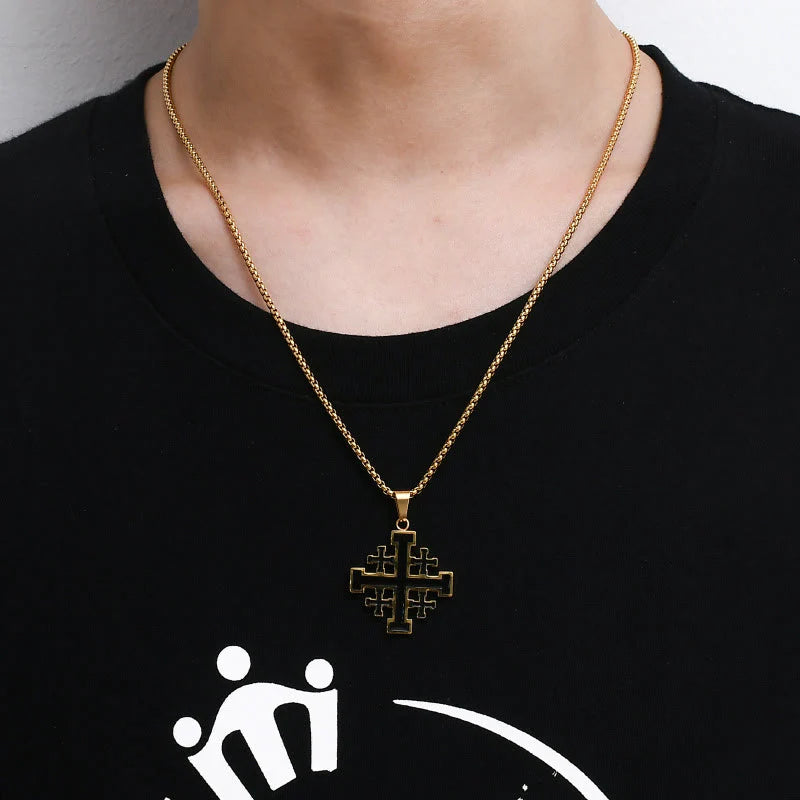 Hip-hop Style Jerusalem Cross Titanium Steel Pendant Necklace