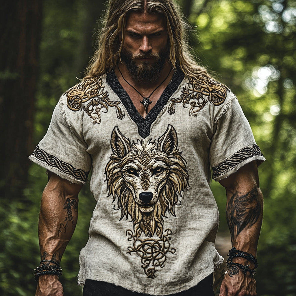 Men's Vintage Viking Celtic Knot Wolf Fenrir Linen T Shirt