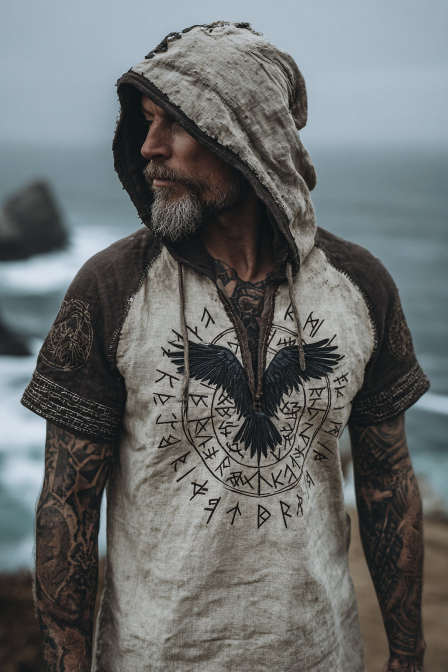 Men's Viking Inspired Raven Totem Vintage Short Sleeve Hoodie