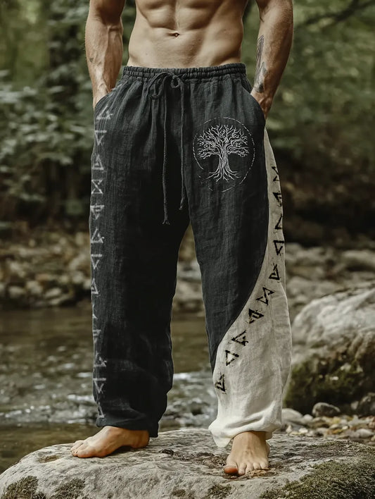 Men's Viking Raven Tribal Totem Two-Tone Vintage Nordic Casual Linen Pants