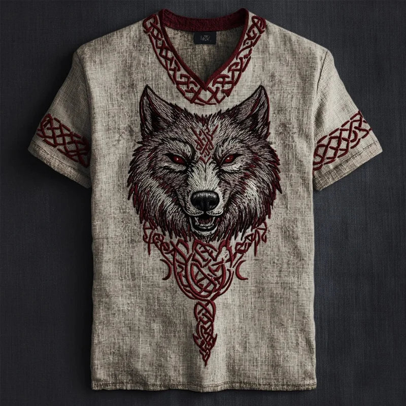 Men's Viking Art Print Pattern Wolf Knot Tribal Linen T-shirt