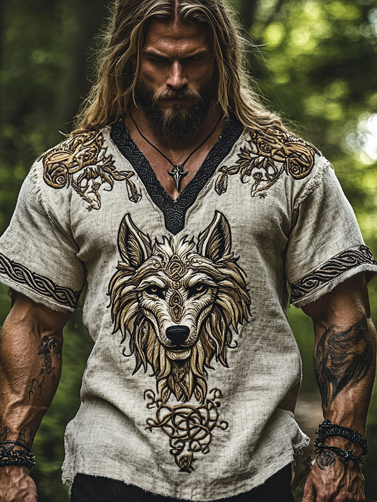 Men's Vintage Viking Celtic Knot Wolf Fenrir Linen T Shirt