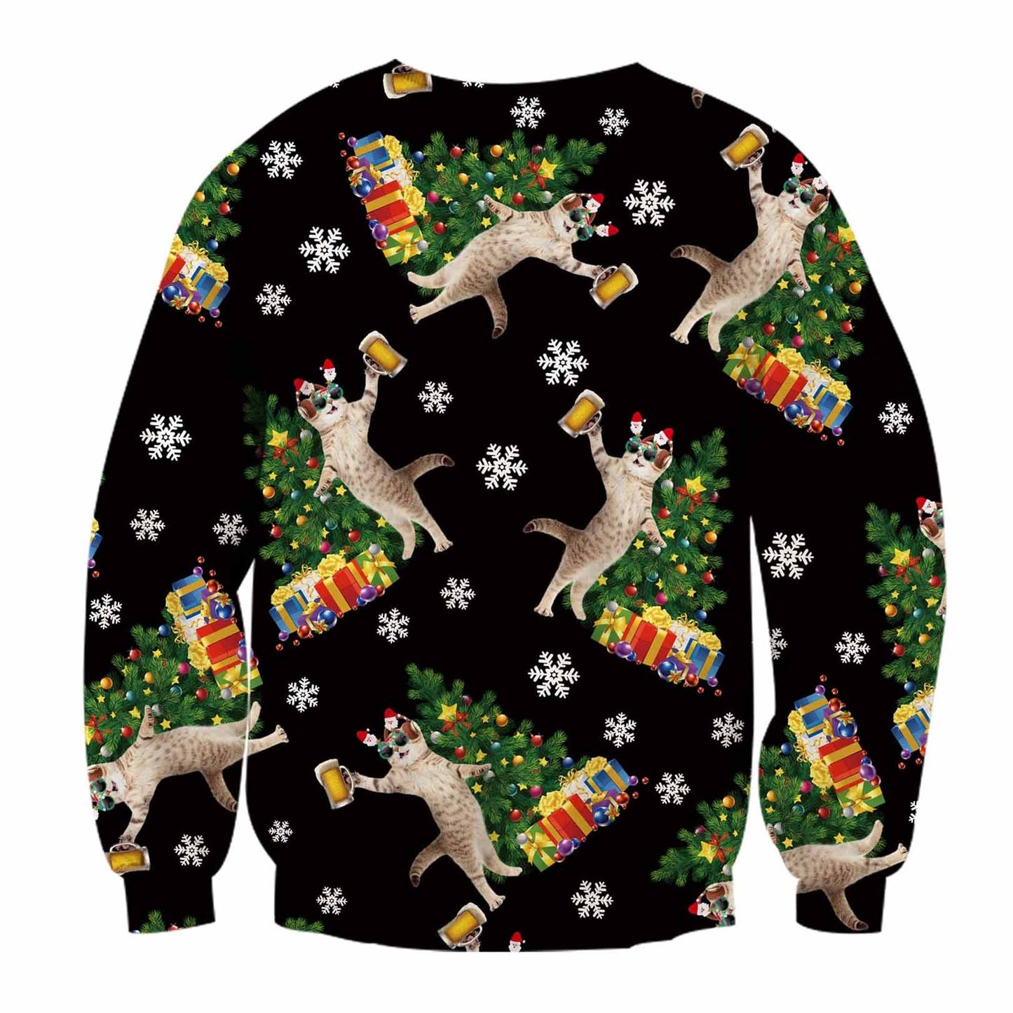 Unisex Beer DJ Cats Print Crew Neck Ugly Christmas Sweatshirt