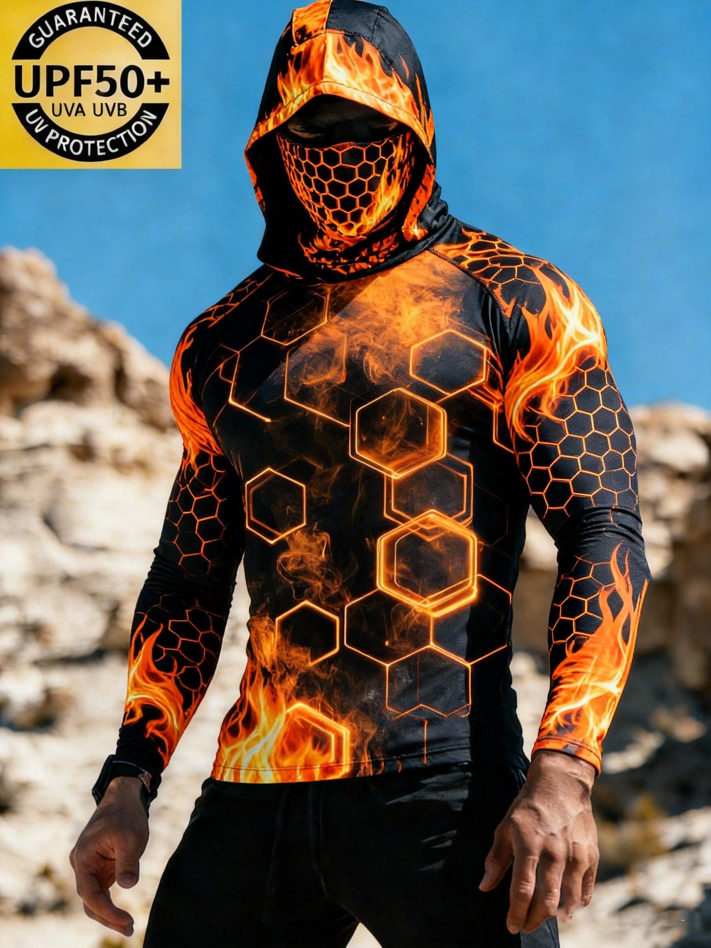 Men's Geometric Honeycomb Flames Sun Protection Print Top
