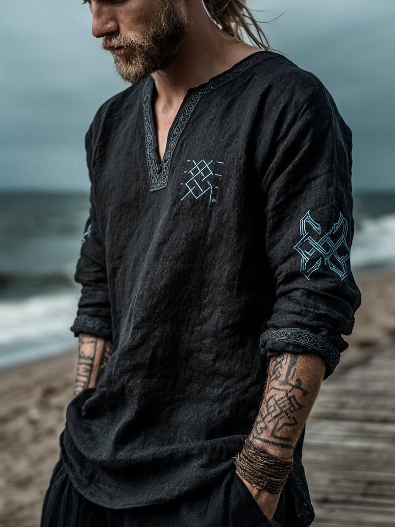Men's Viking Occult Style Vintage Rune Long-Sleeve Linen T-shirt