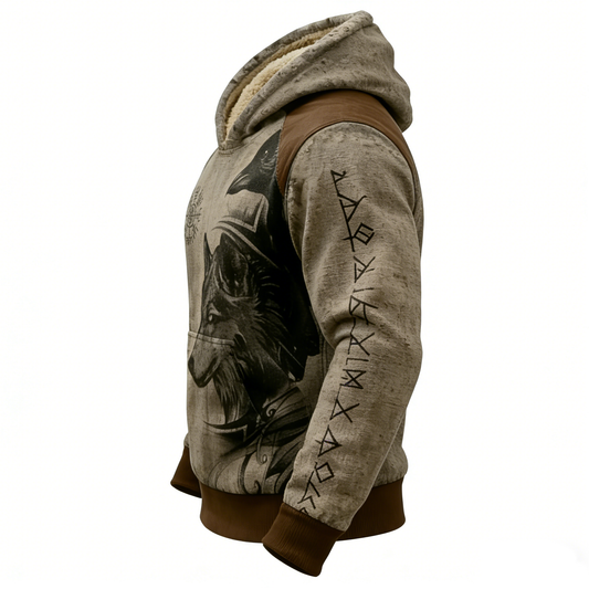 Celtic Retro Viking Hoodie with Nordic Fleece Collar & Vegvisir
