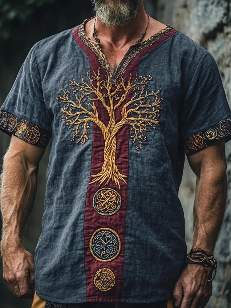 Men's Viking Tree Of Life Tribal Celtic Contrasting Colors Art Linen T-shirt
