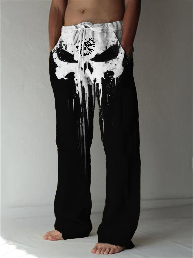 Men's Viking Vegvisir Skull Graffiti Drawstring Casual Pants