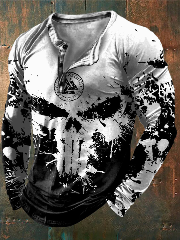 Men's Viking Vegvisir Skull Contrast Color Art Print Casual Long Sleeve Henley Shirt
