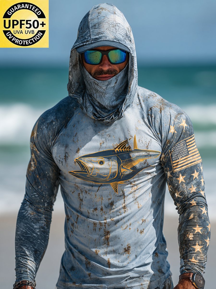 Men's Outdoor Sun Protection Breathable Cool Face Mask Hooded Printed Long-Sleeved Top