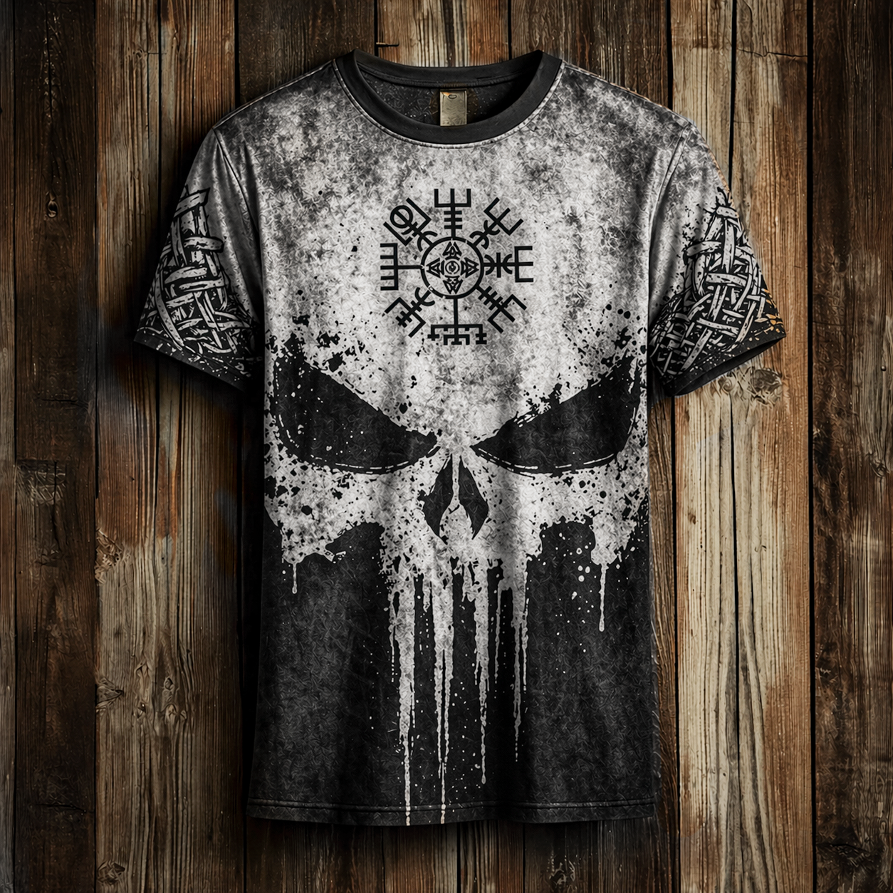 Unisex Vegvisir Skull Graphic T-Shirt - Distressed Nordic Grunge Short Sleeve Tee