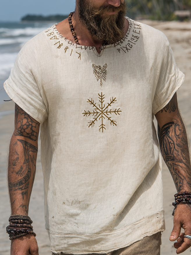 Men's Viking Vintage Distressed Runes Design Linen Shirt