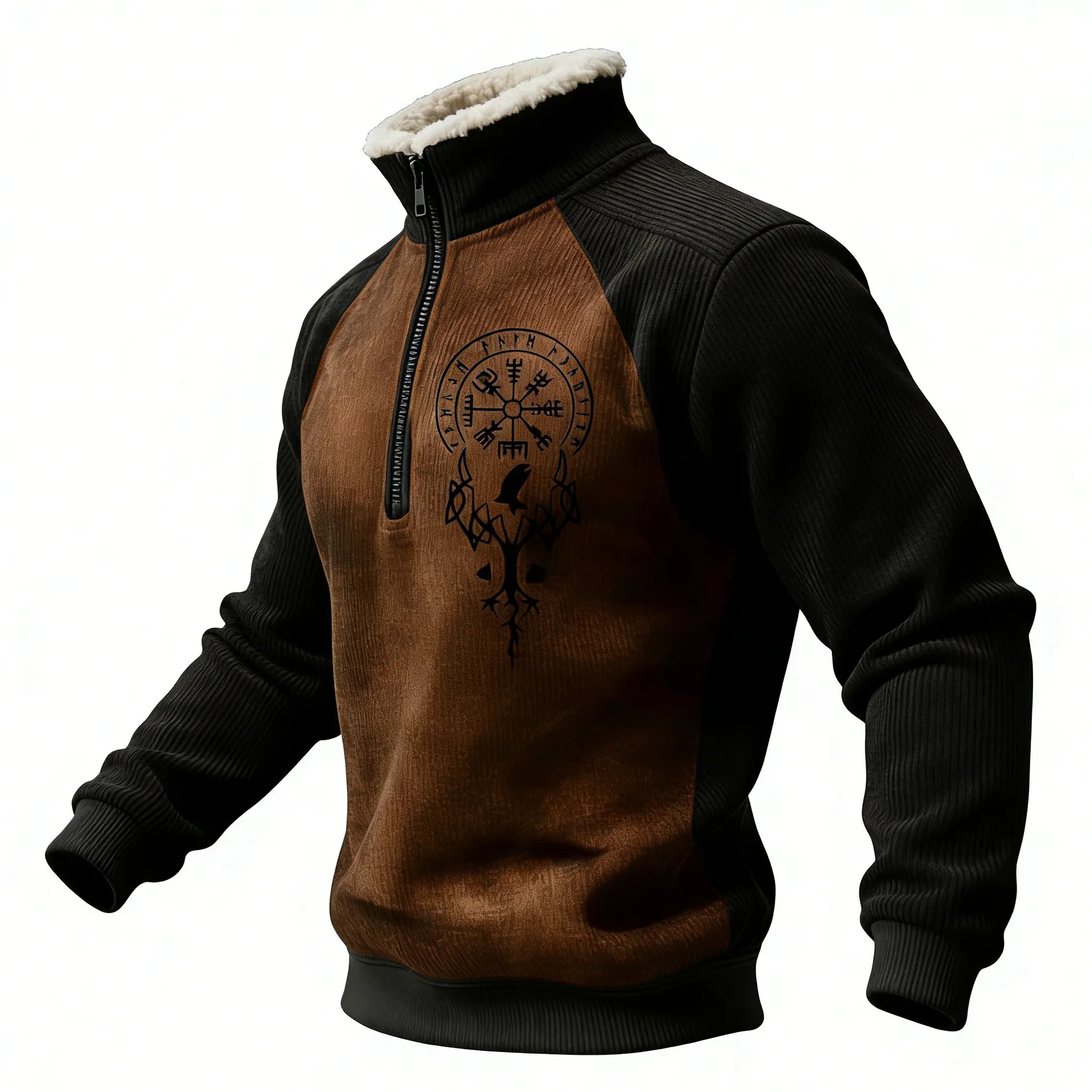 Nordic Viking Style Retro Vegvísir Tree Of Life Casual Long-Sleeve Sweatshirt Fleece Collar