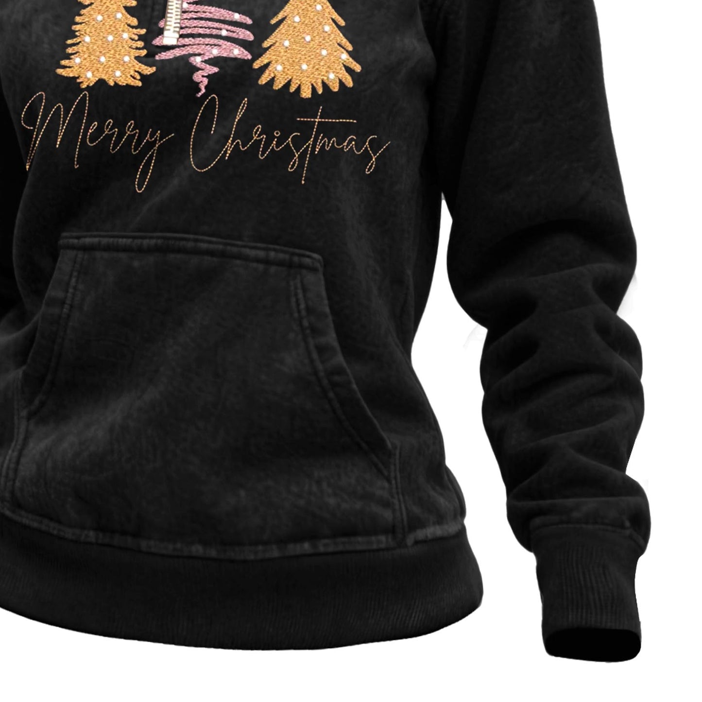 Women's Vintage Merry Christmas Tree Print Pocket Quarter-Zip Fleece Lapel Ugly Christmas Sweatshirt