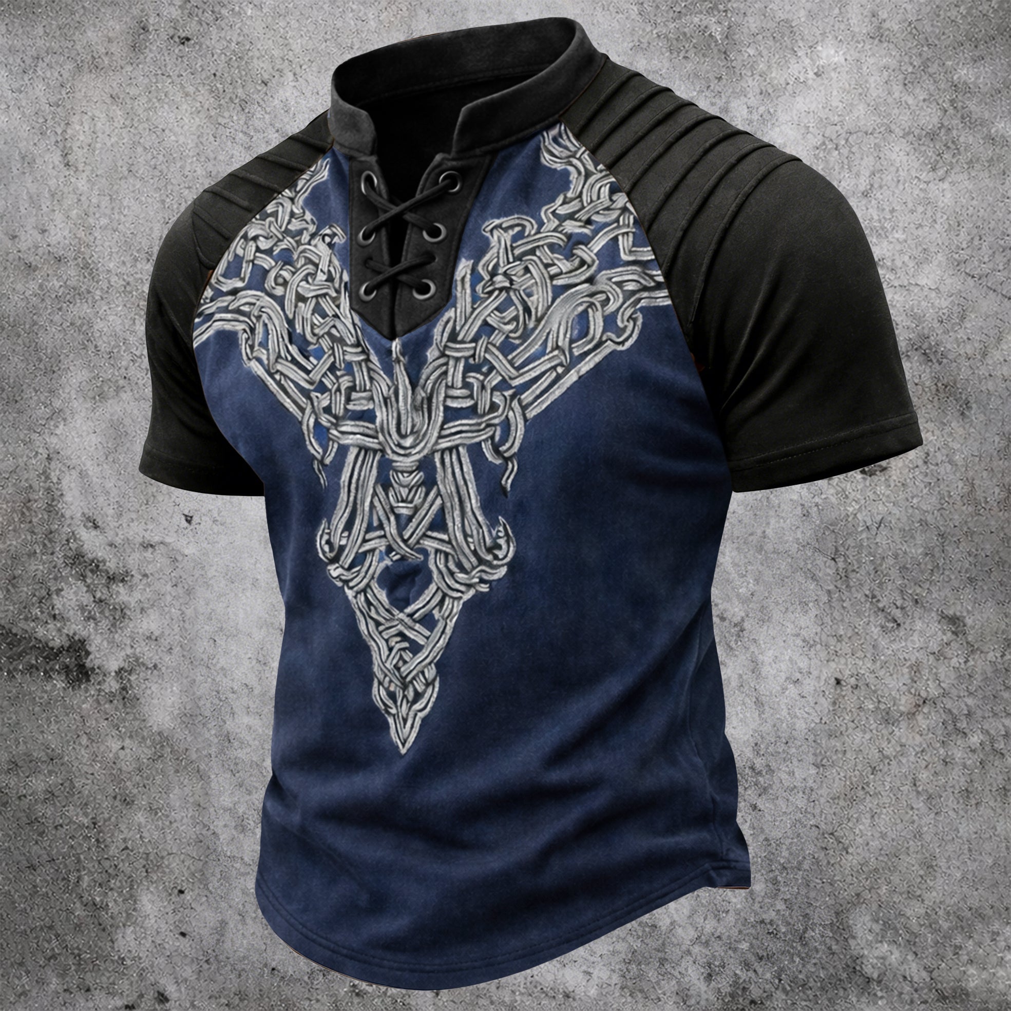 Men's Vintage Celtic Knot Print Short Sleeve Shirt - Lace-Up V-Neck & Pleated Shoulder Top